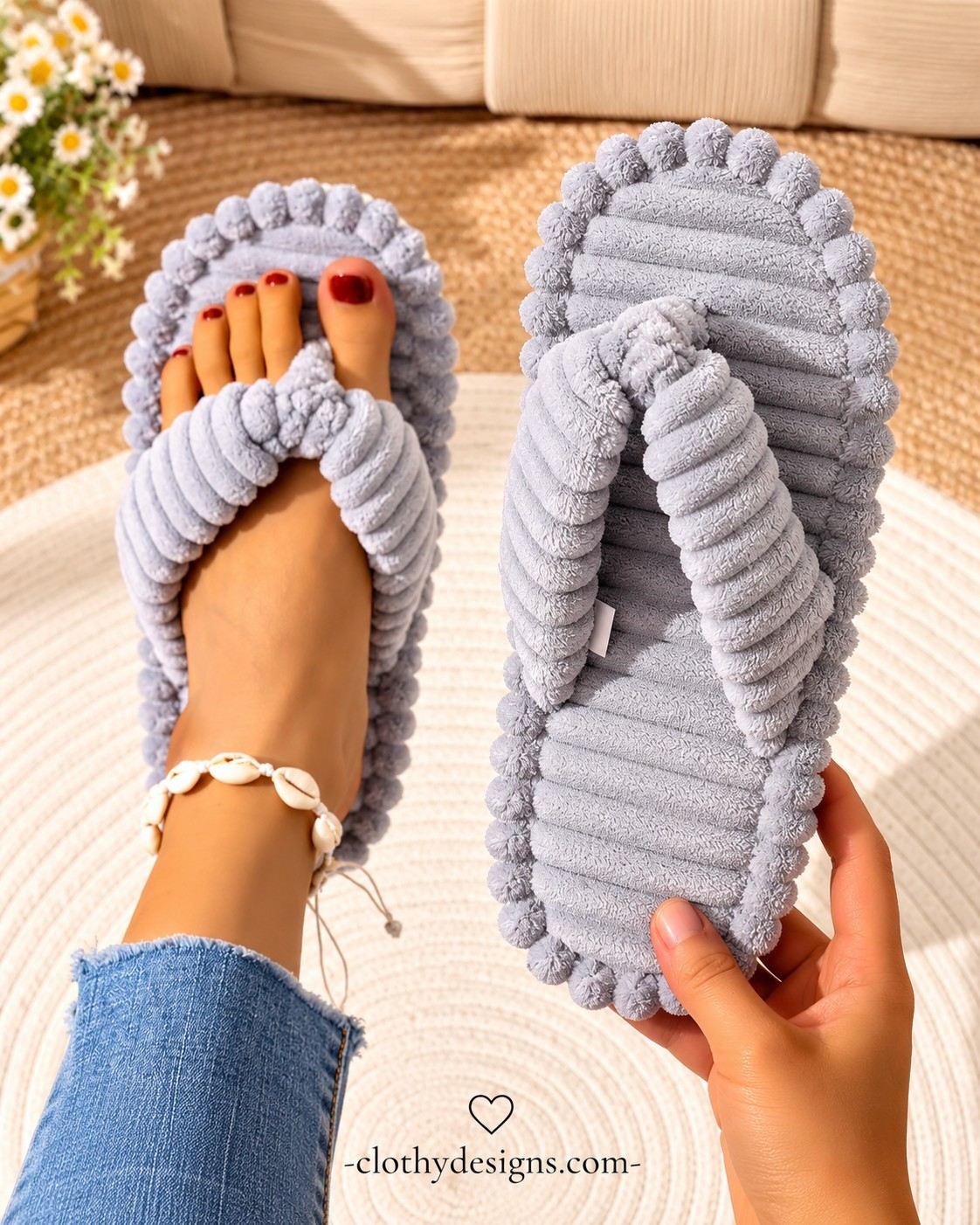 Women's Corduroy Plush House Slippers – Warm Winter Indoor Slides, Soft Flat Sole Flip-Flops